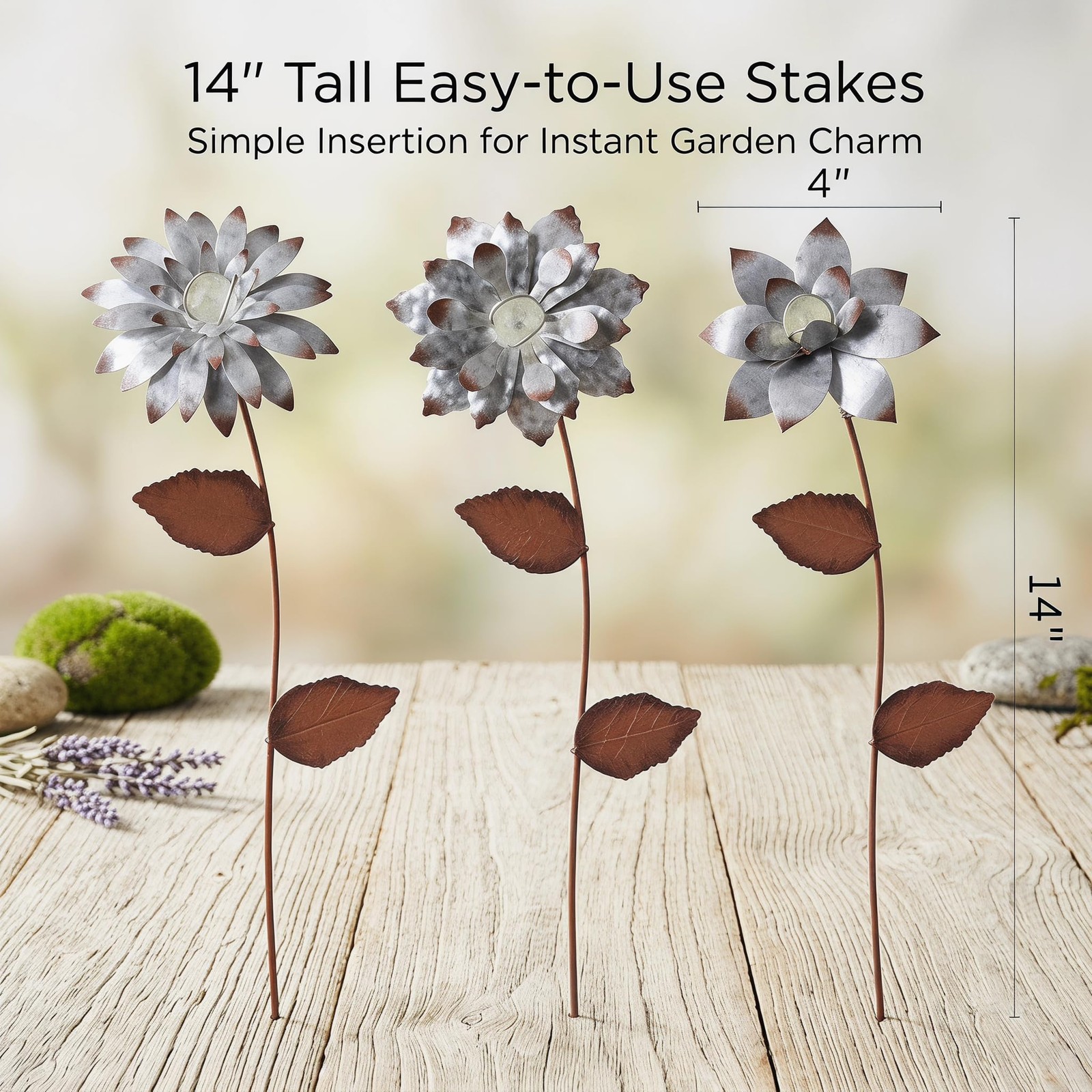 Metal Flower Garden Stakes Set of 3, Glow in The Dark Outdoor Garden Decor, D…