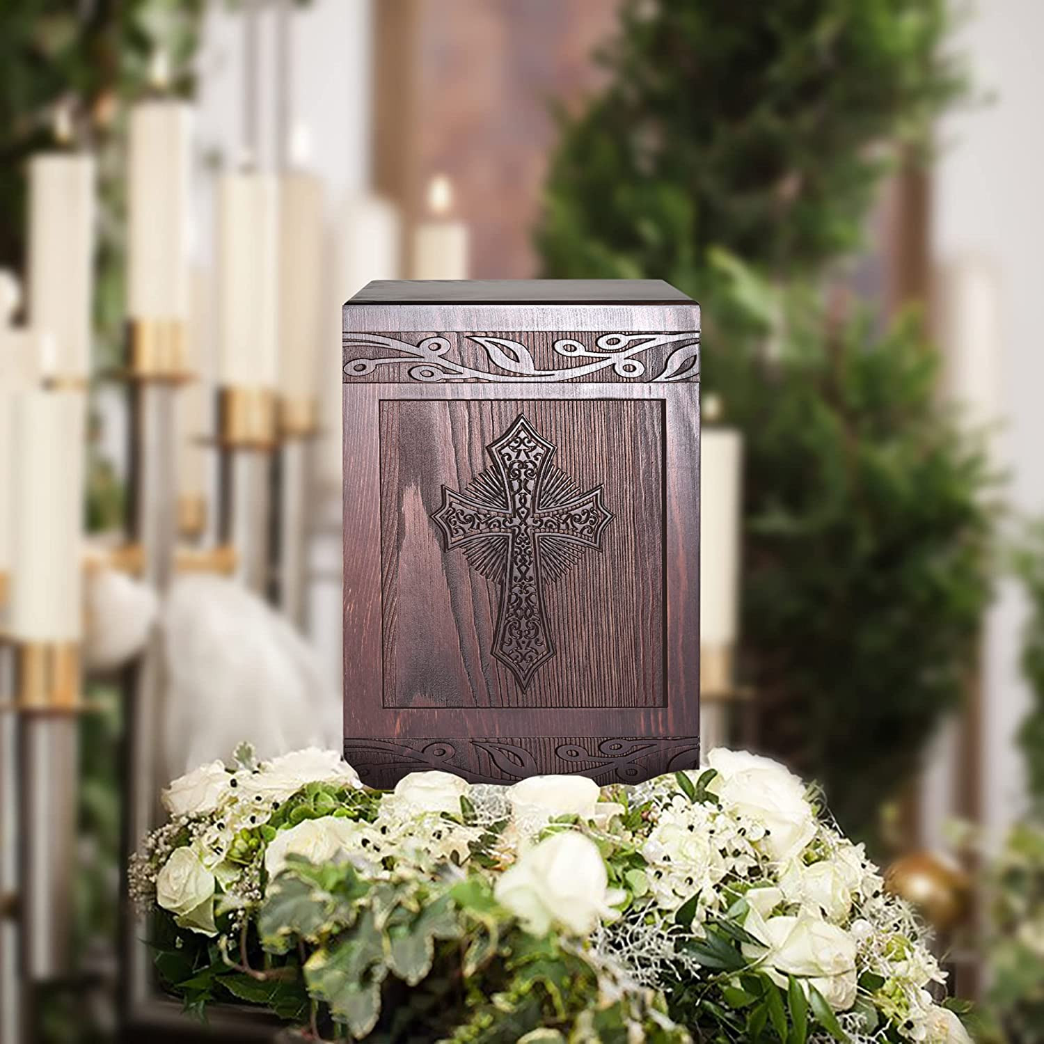 Cremation Urns for Human Ashes Adult Male Female, Wooden Carved Cross Urns Box a