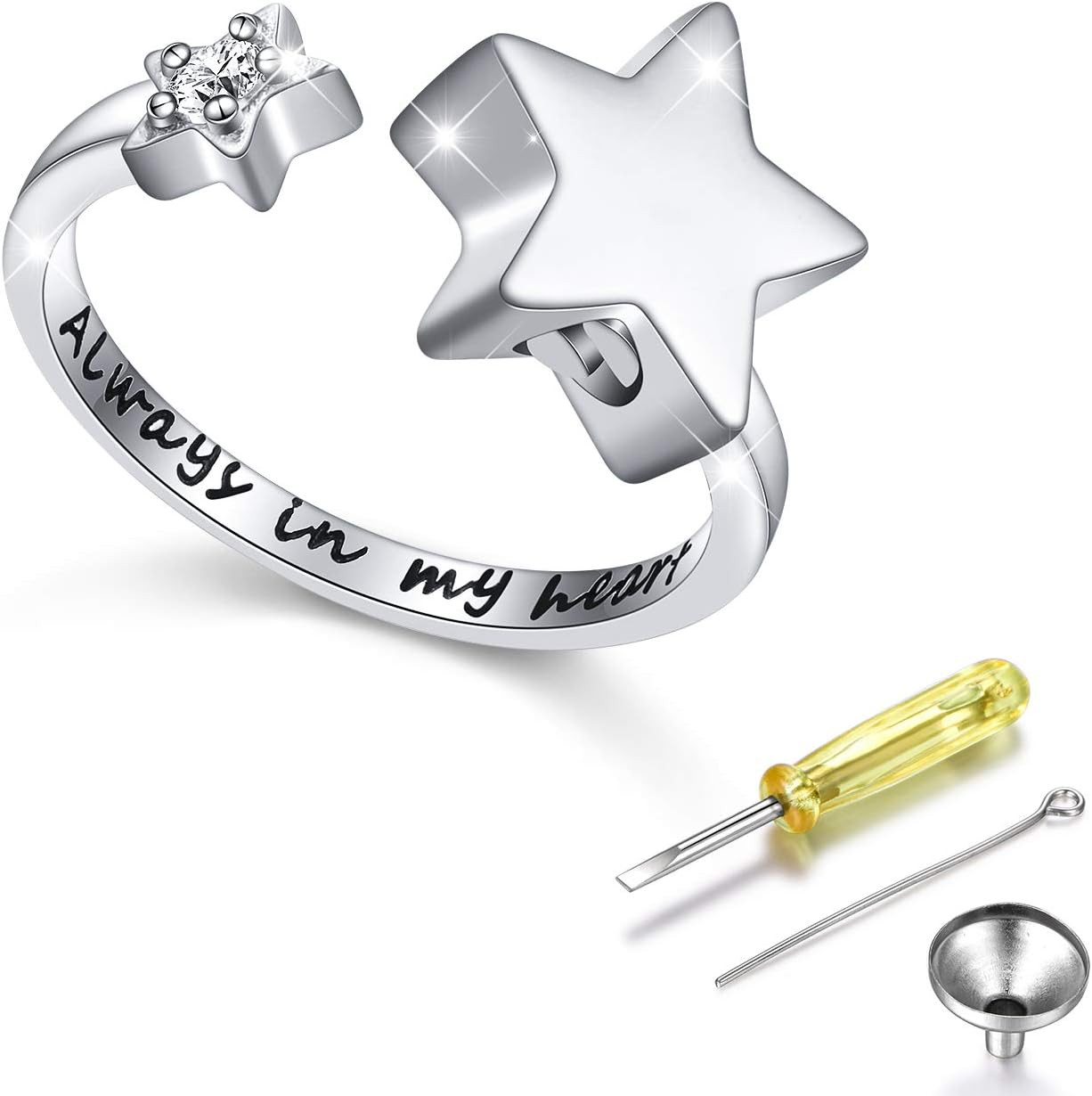 Cremation Urn Ring Sterling Silver Star Always in My Heart Adjustable Open Ring