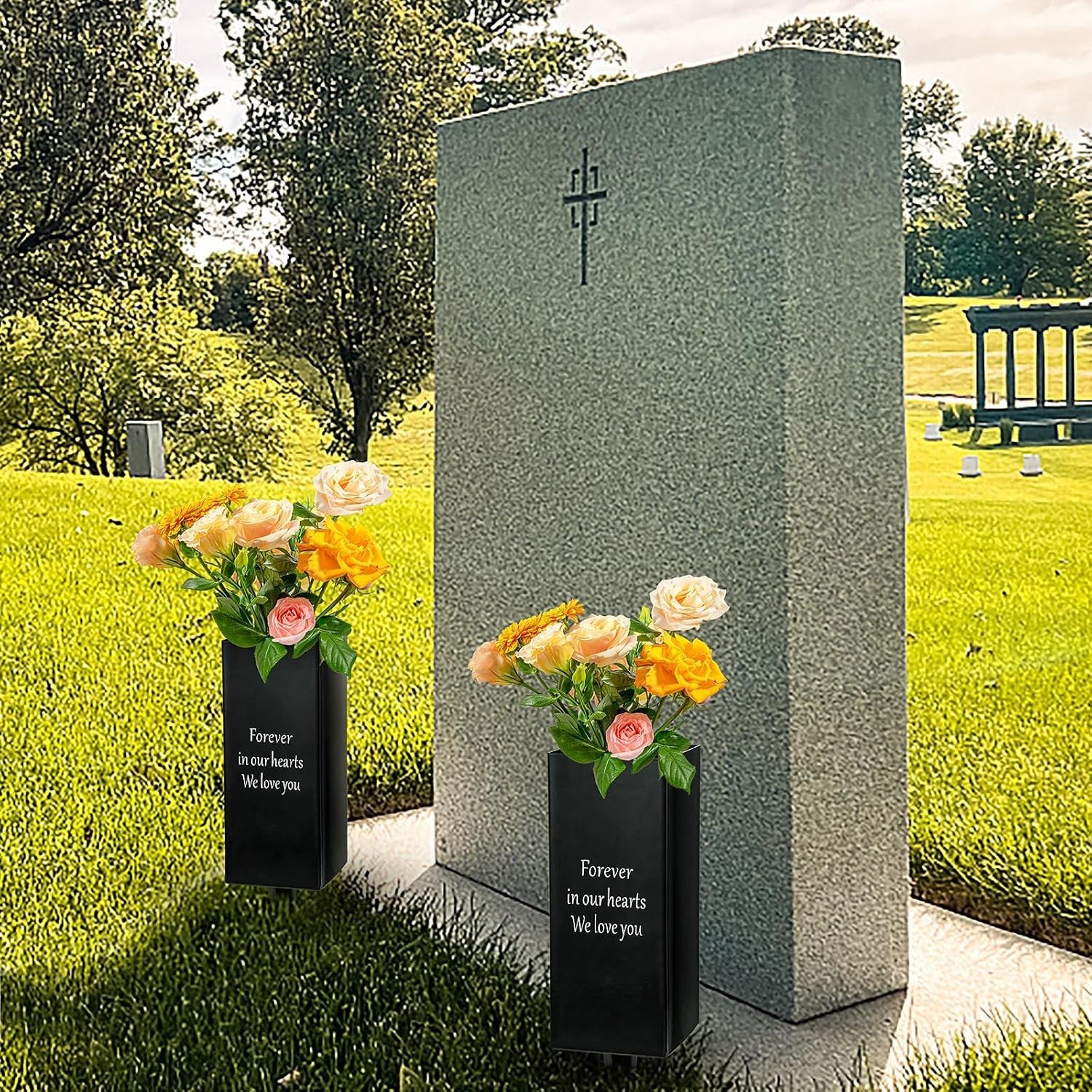 Metal Cemetery Vase Flower Holder Spikes Ground Grave Memorial 2-Pack Black