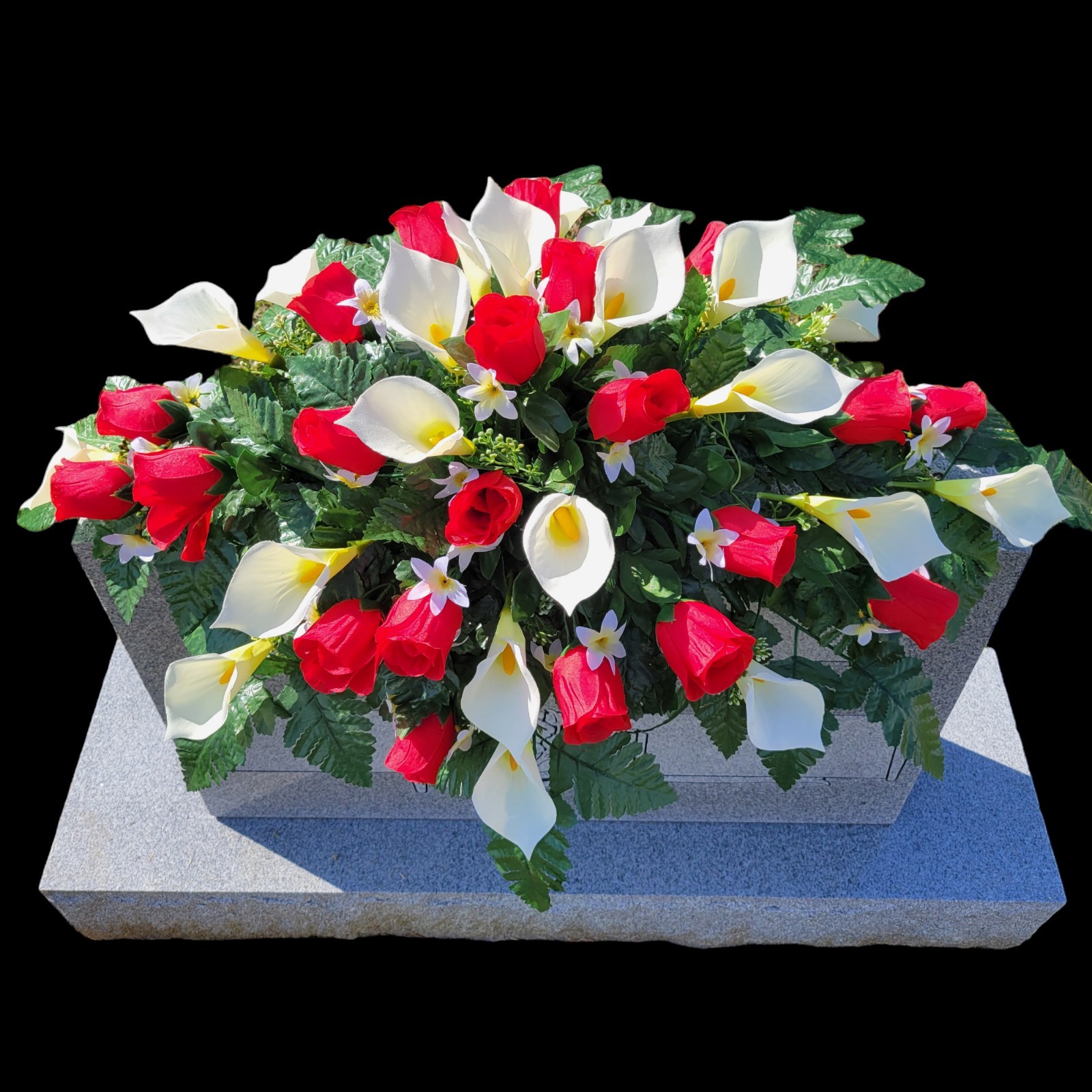 RED HEADSTONE SADDLE WITH ROSE BUDS & CALLA LILY’S FOR CEMETERY
