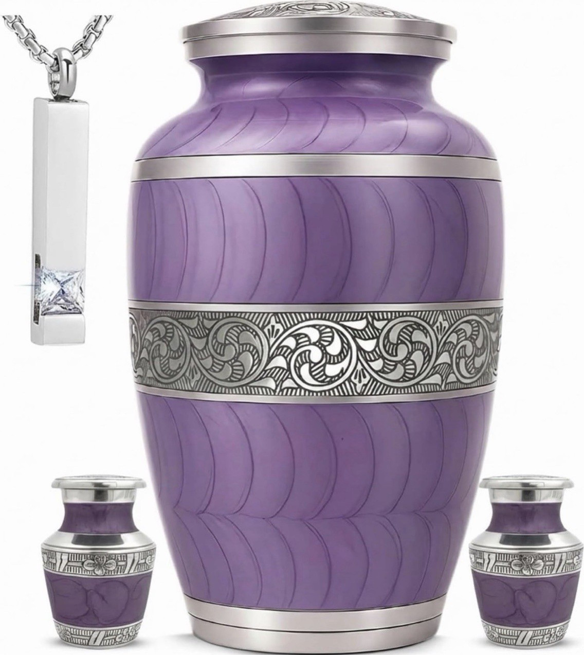 Purple Metal Cremation Urn Set for Adult Ashes with Keepsake and Necklace