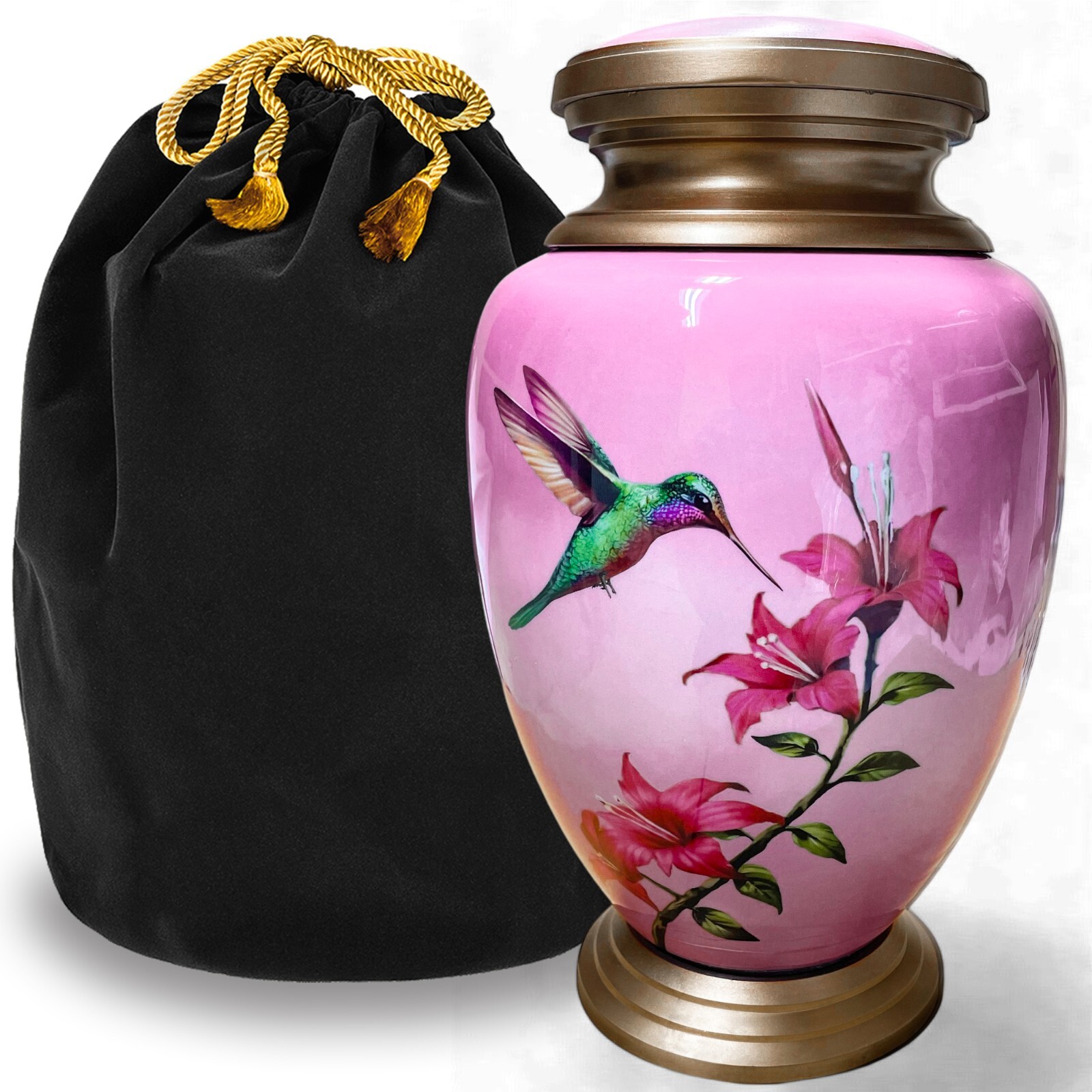 Hummingbird Pink Adult Cremation Urn for Human Ashes, Large with Velvet Bag