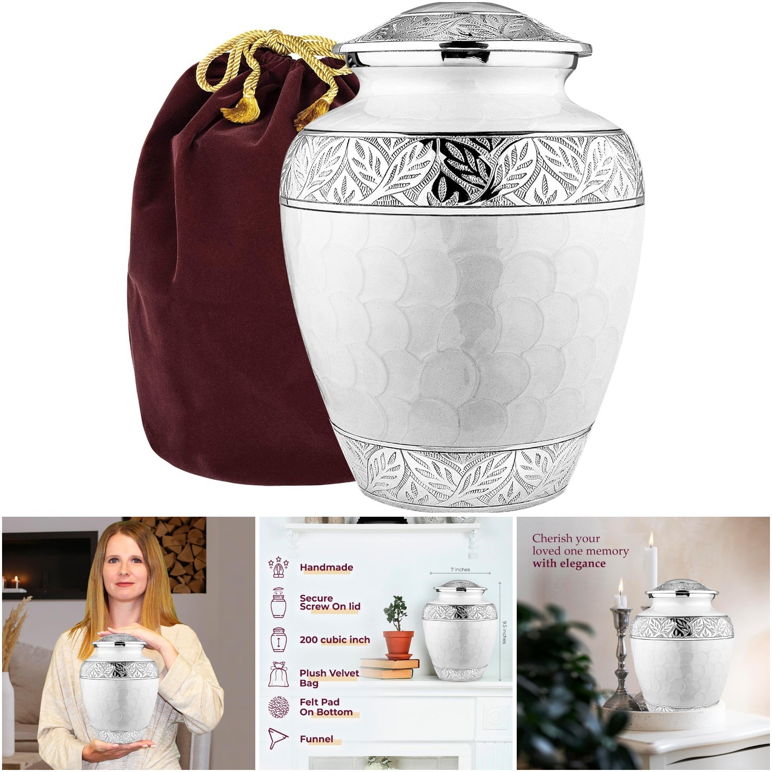 Engraved Mother Of Pearl Funeral Urn For Adult Male Silver Lining White