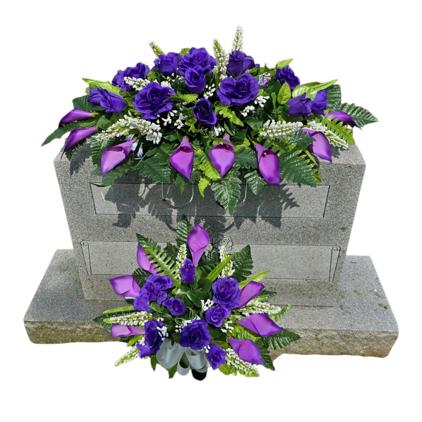 Purple Calla Lily and Rose Headstone Saddle and Cemetery Cone
