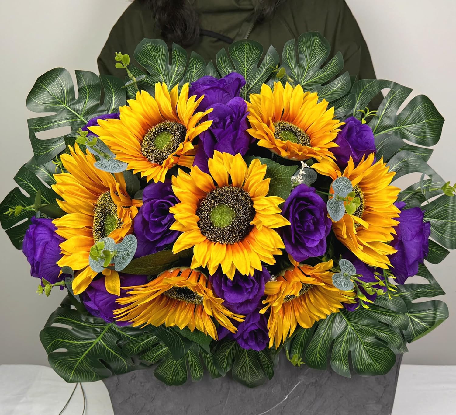 Vibrant Silk Sunflower & Rose Grave Saddle with 2 Bouquets – Purple/Yellow