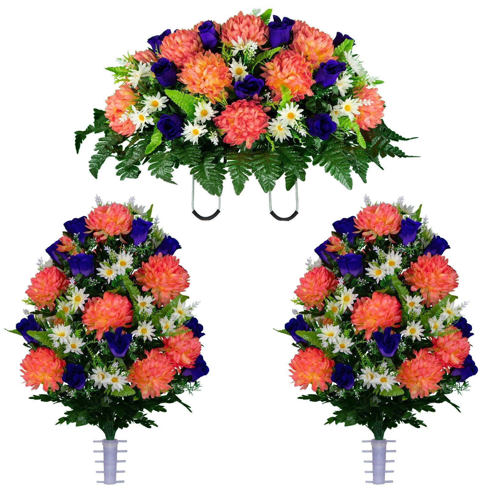 Artificial Cemetery Flowers – Salmon Mum and Purple Rose Bouquets & Saddle
