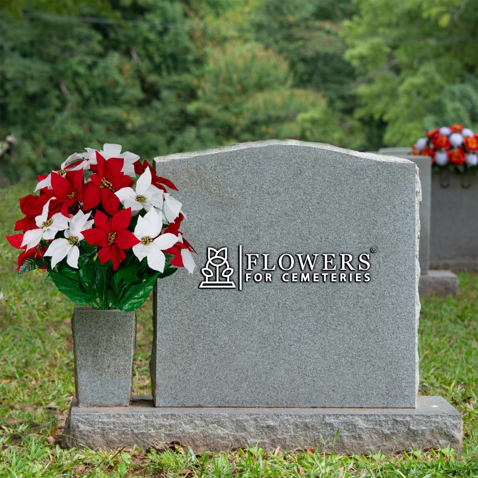 Artificial Cemetery Flowers – Red and White Poinsettias with Gold Glitter