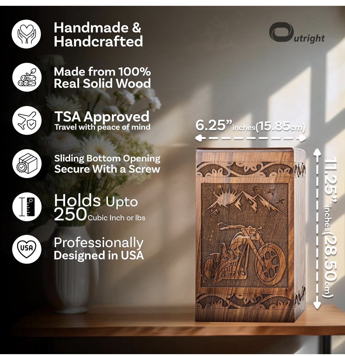 Handcarved Wooden Cremation Urn for Human Ashes – Motorcycle Design 250 Lb