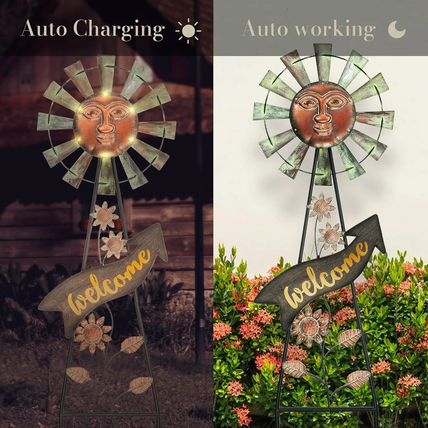 Fathers Day Gift Solar Garden Lights Wind Spinner Outdoor Metal Sun Face Decor
