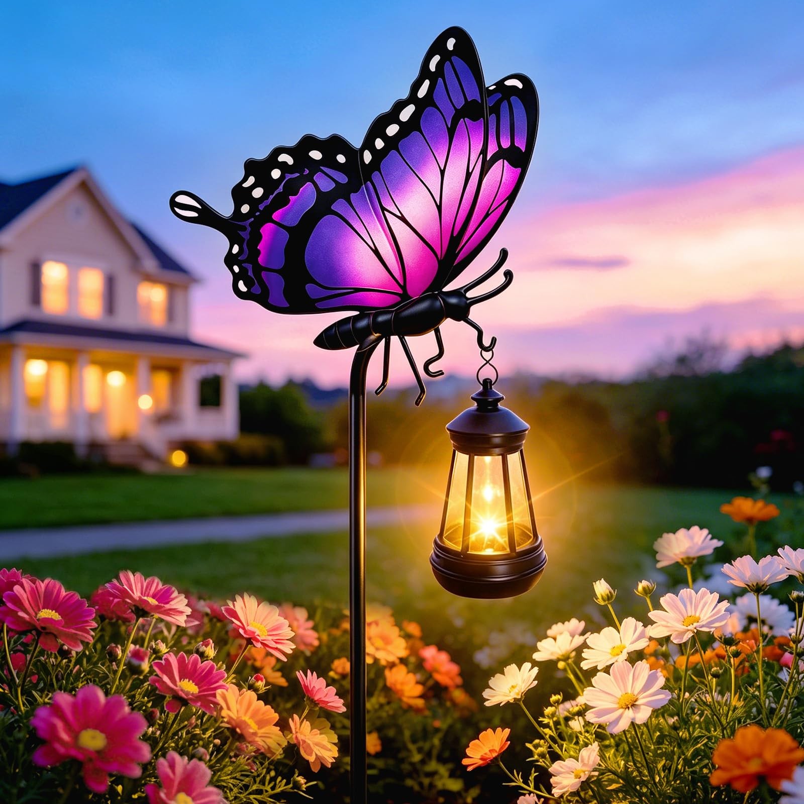 32.9in Purple Butterfly Solar Stakes w/Lights, Waterproof Decor, Gifts for Mom