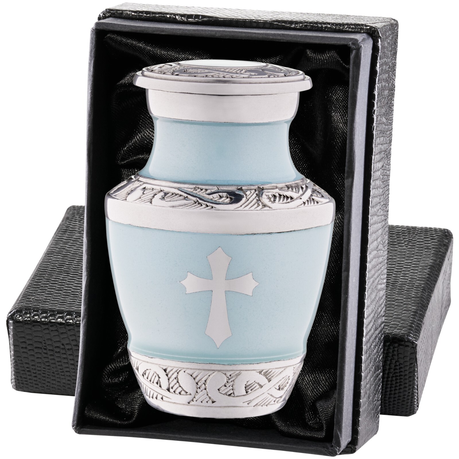 Small Blue Urn for Ashes God Cross – Religious Jesus Catholic Keepsake Mini