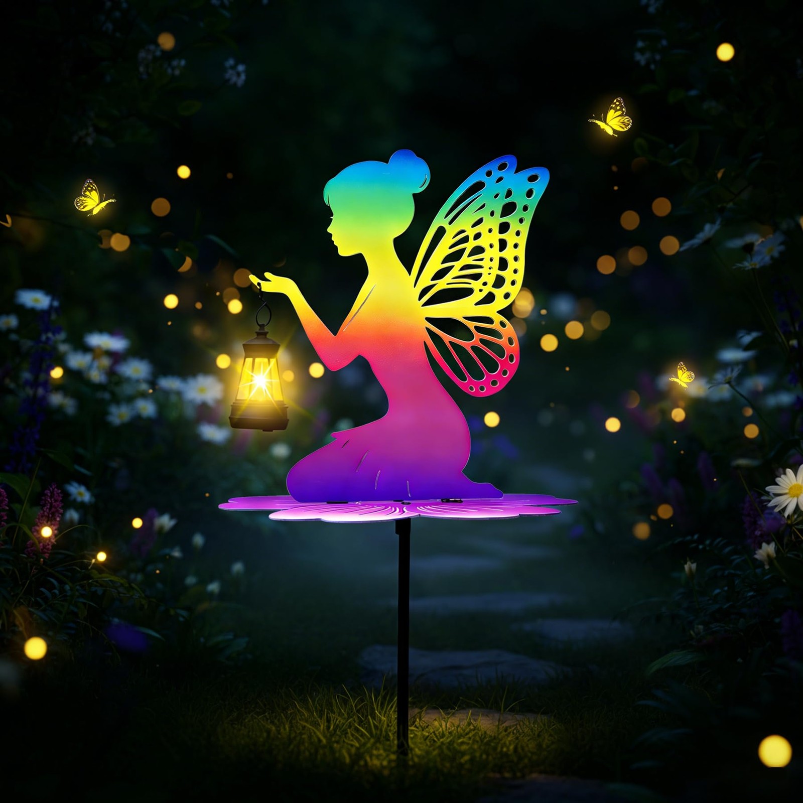 Iridescent Solar Fairy Garden Stake 21″ LED Lantern for Outdoor Decor