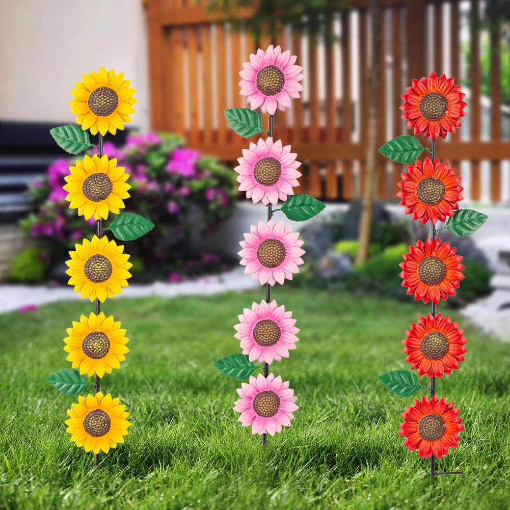 3 Pack Sunflowers Garden Stakes Decor,Metal Yard Art Decorative Garden Stakes…