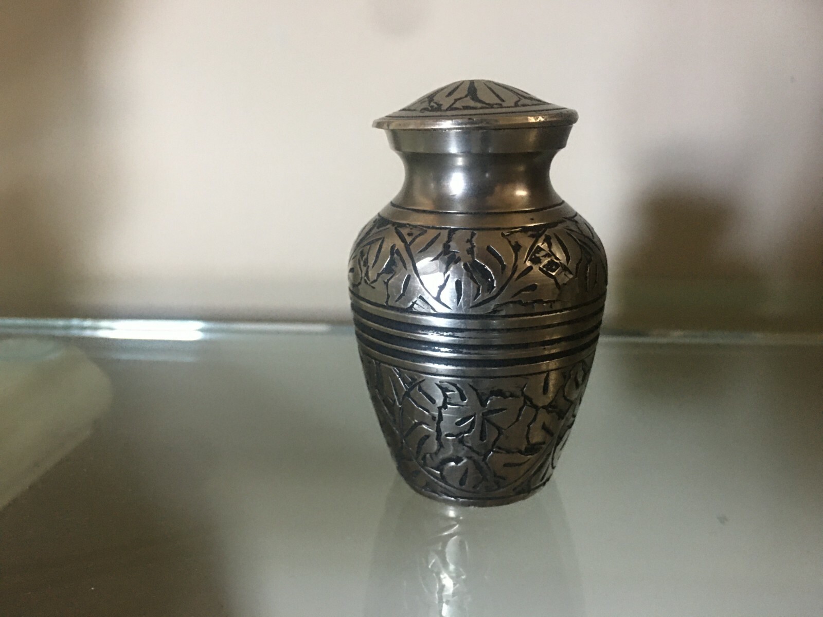 2812 solid brass keepsake cremation urn with leaf engraving- pewter finish