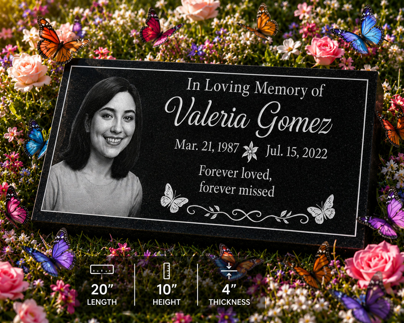 Custom Black Granite Memorial Grave Marker w/ Portrait & Butterflies