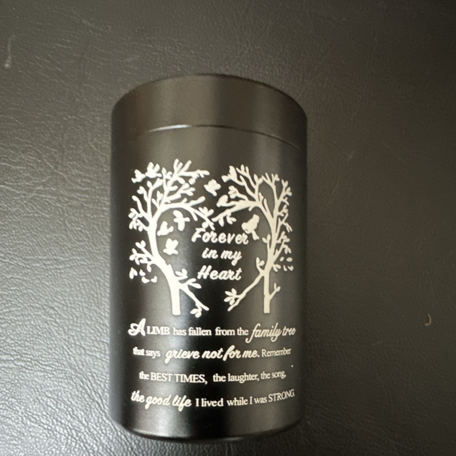 Black Metal Cremation Keepsake Urn Cylinder w/ Lid “Forever in my Heart”