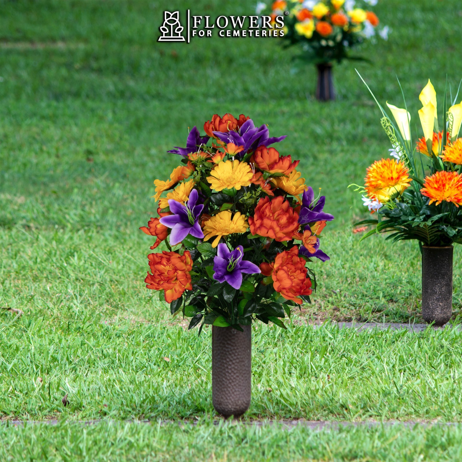Artificial Gravesite Flowers – Orange Peonies, Purple Lilies, and Yellow Daisies