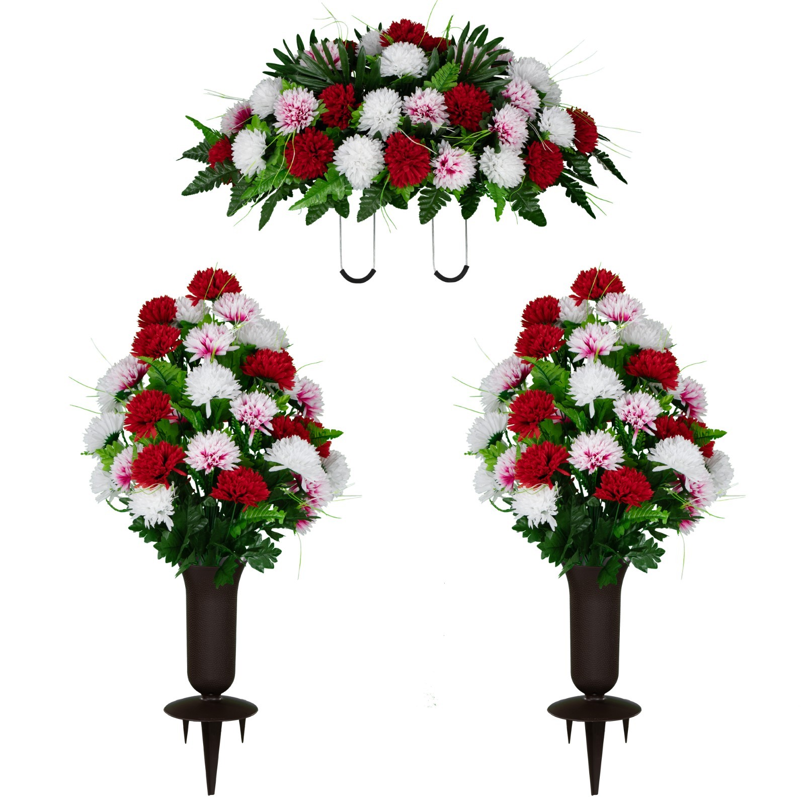 Artificial Cemetery Flowers – 2 Red & White Mums Bouquets, Saddle, and 2 Vases