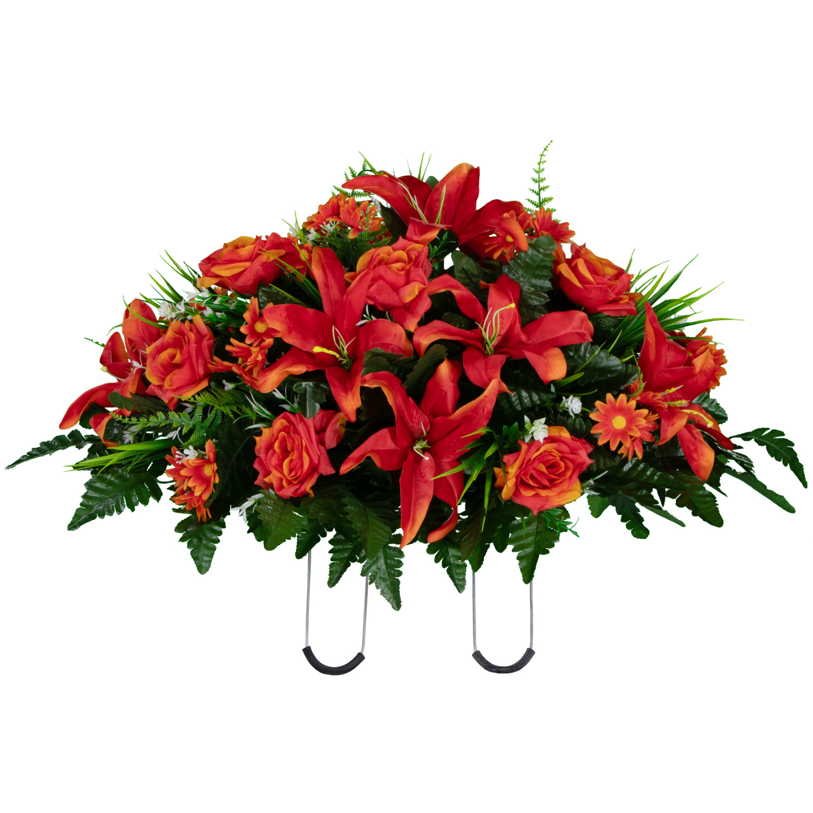 Artificial Headstone Arrangement- Fire Red Lily, Rose, and Daisies Saddle