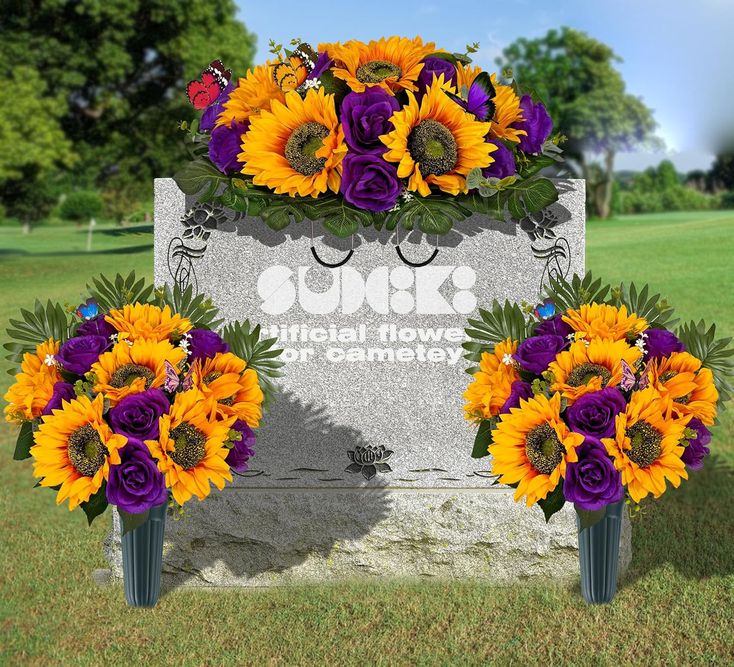 Vibrant Silk Sunflower & Rose Grave Saddle with 2 Bouquets – Purple/Yellow
