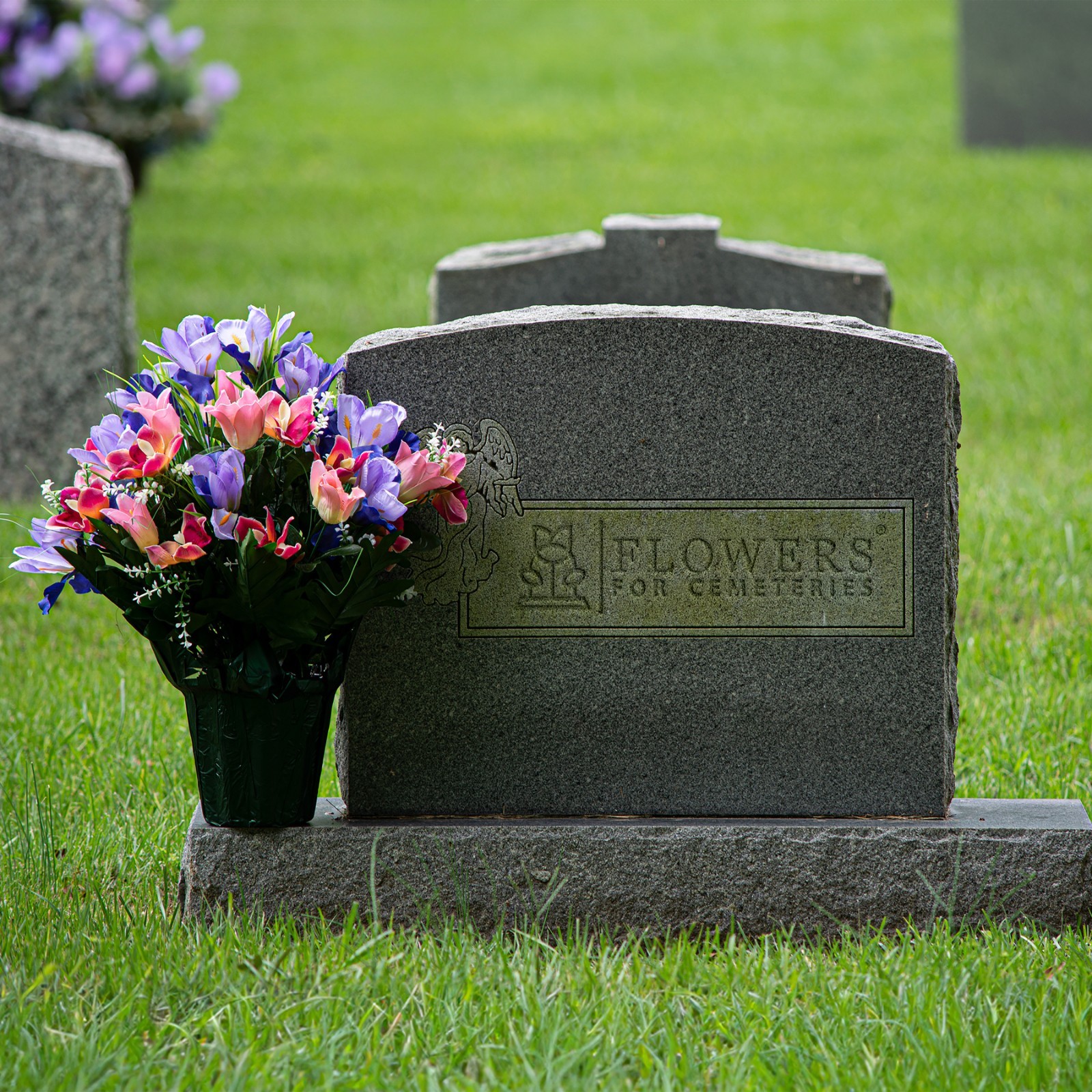 Artificial Cemetery Pot- Cream Pink Tulips and Purple Iris Potted Arrangement