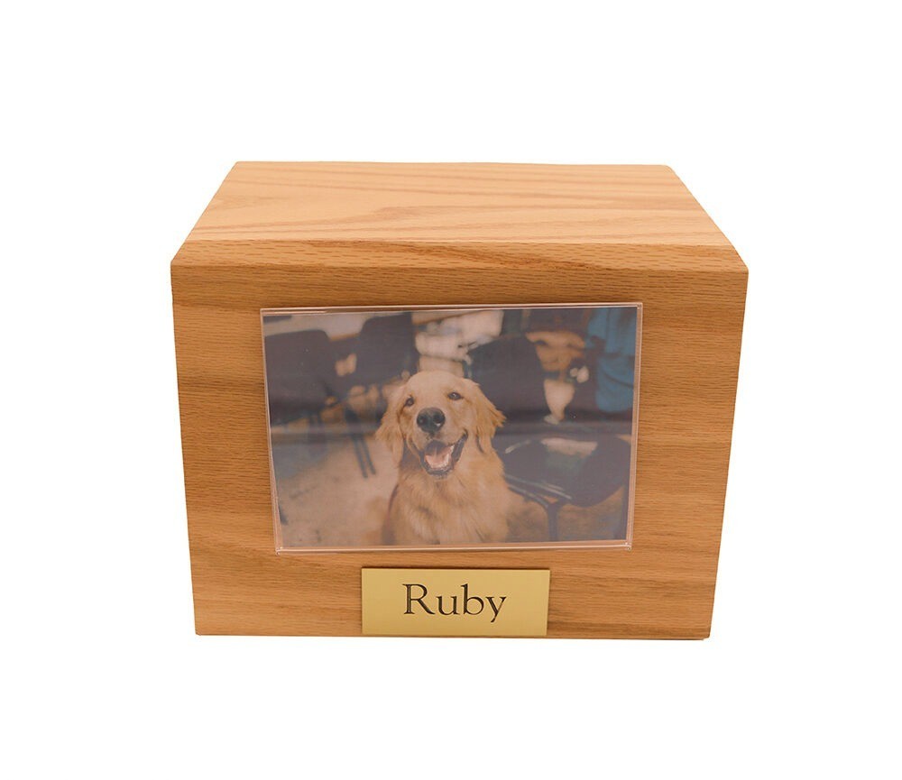 X-Large 145 Cubic Inches Oak Pet Photo Urn for Ashes with Engravable Nameplate