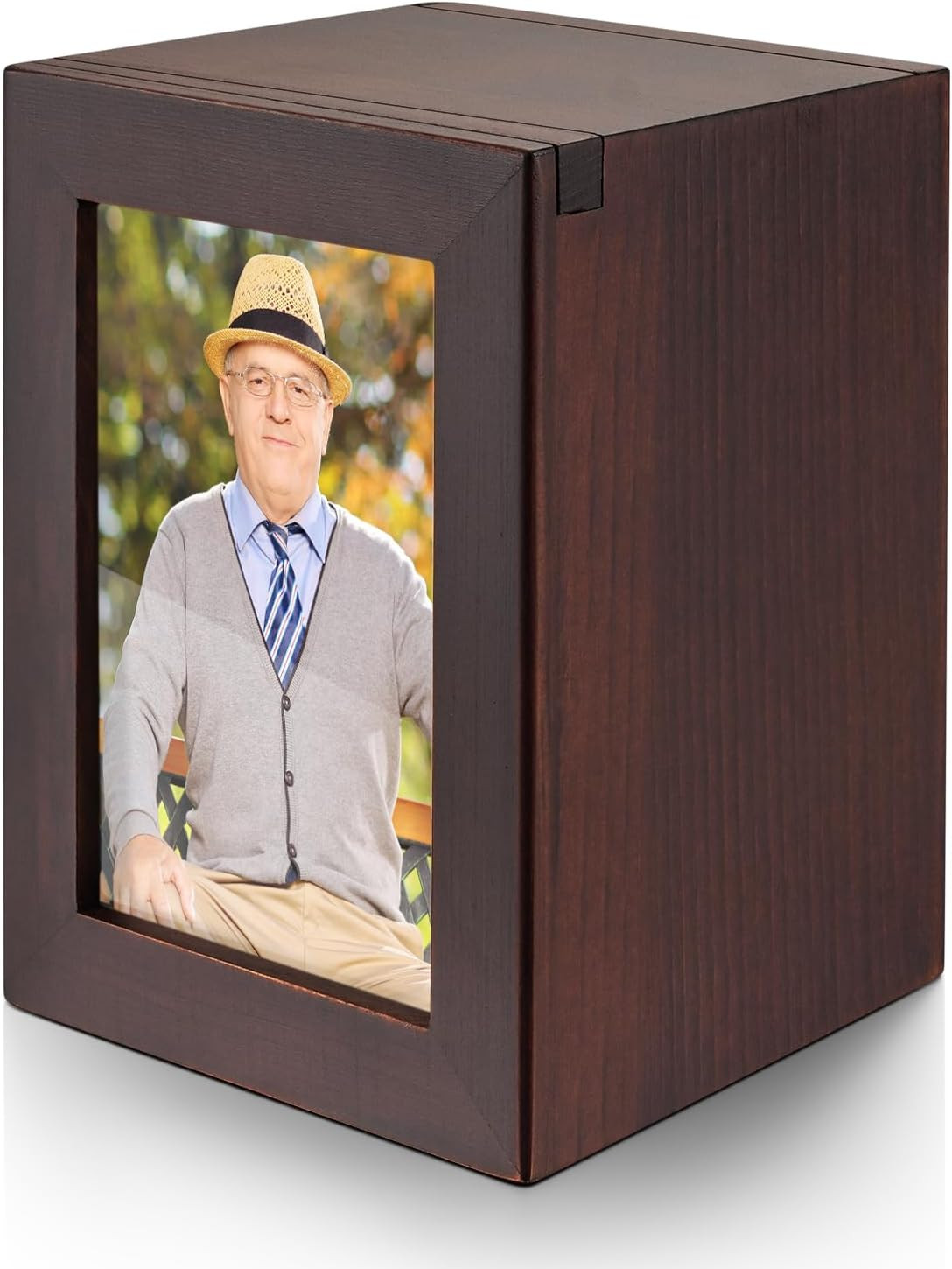 Small Wooden Urn for Human Ashes – Decorative Keepsake Box with Photo Frame, Bro