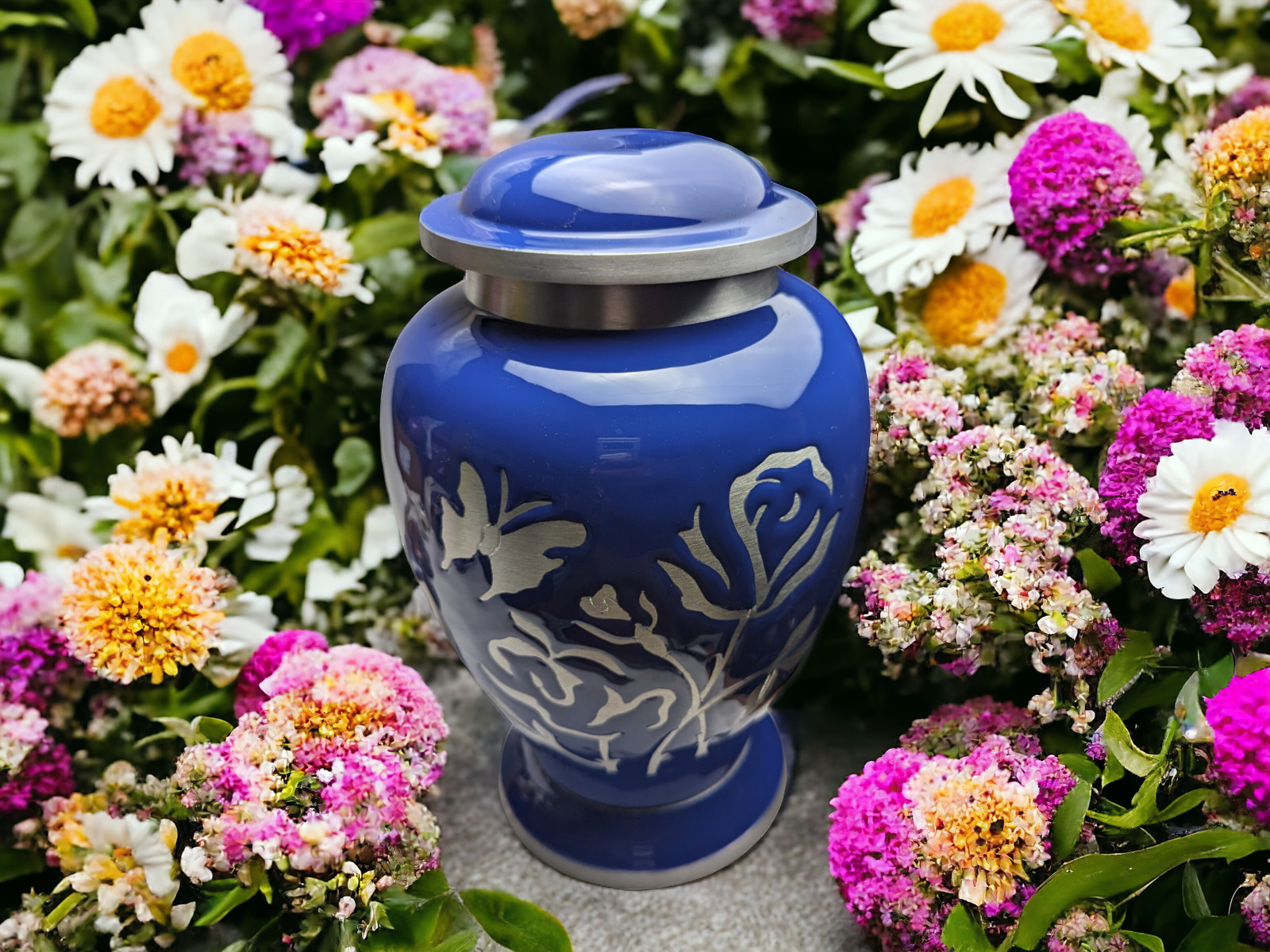 Blue Urn with Butterly & Rose Engraving, Artfully Handcrafted Aluminum