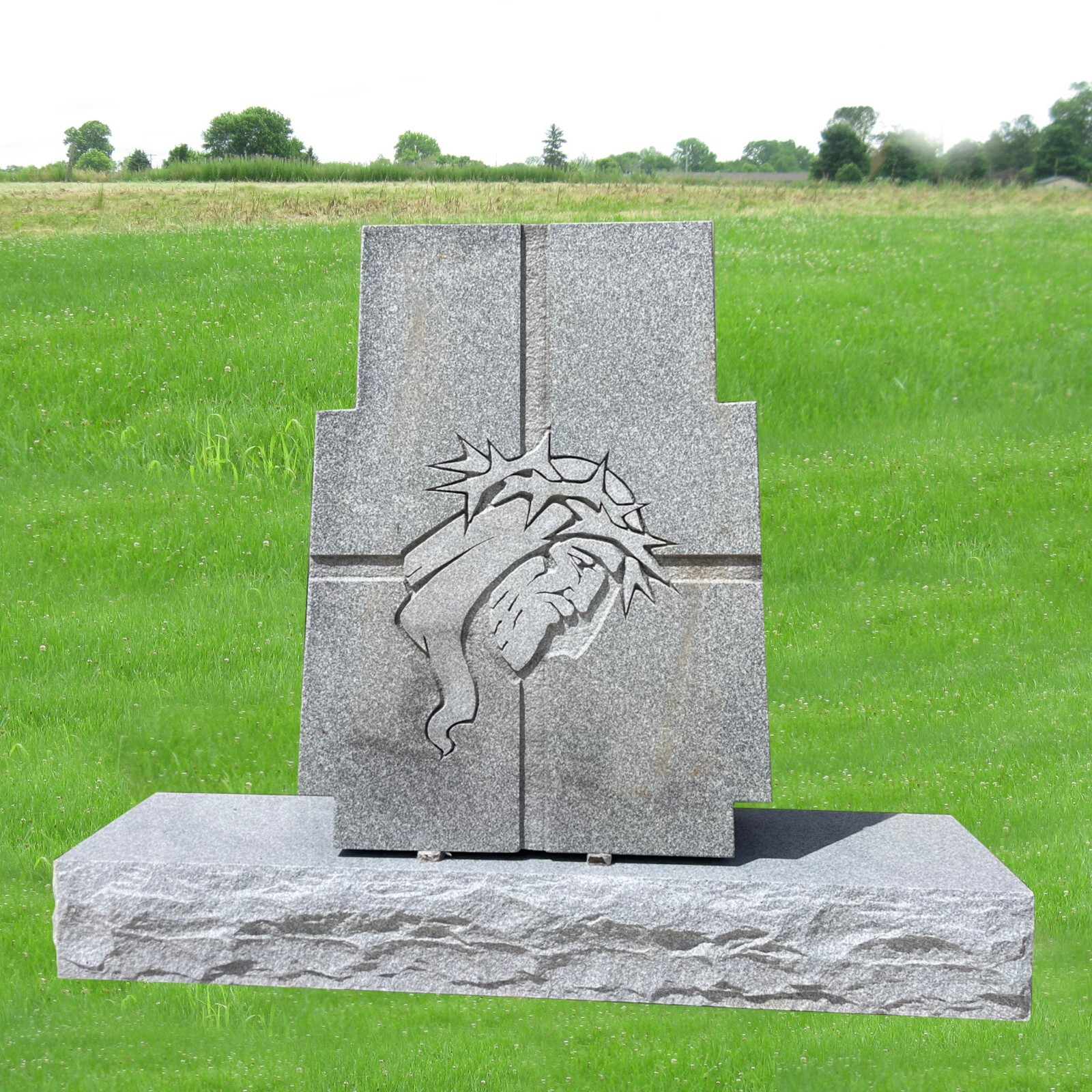 Gray Granite Monument Cross Jesus Crown of Thorns Cemetery Grave Marker MN-07B