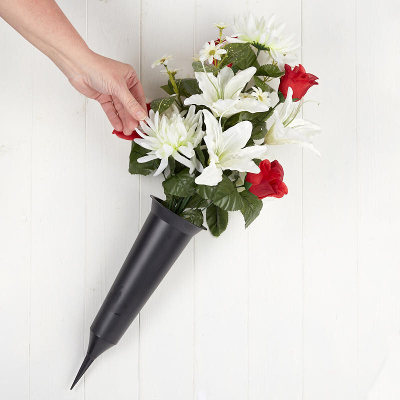 Red and Cream Premade Artificial Memorial Cemetery Cone Bouquet