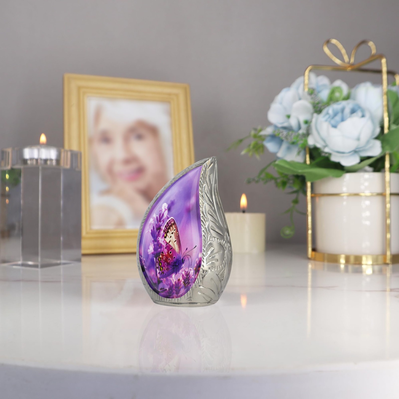 Small Urns for Human Ashes 3″ H Brass Teardrop Purple Butterfly – Keepsake