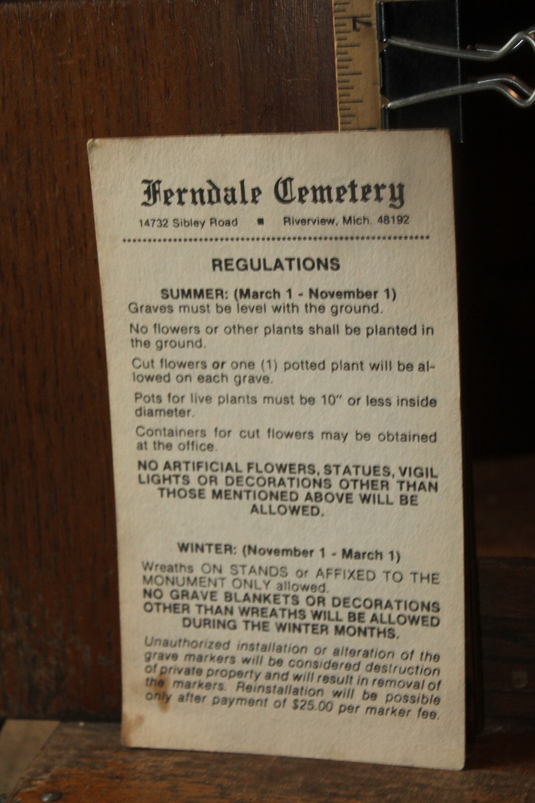 Antique Regulations Card Ferndale Cemetery Riverview Michigan