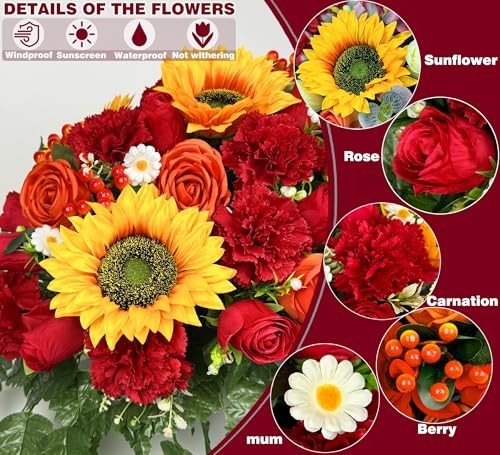 Cemetery Flowers with Grave Vase & Headstone Saddle – Red Sunflower, Rose, Daisy