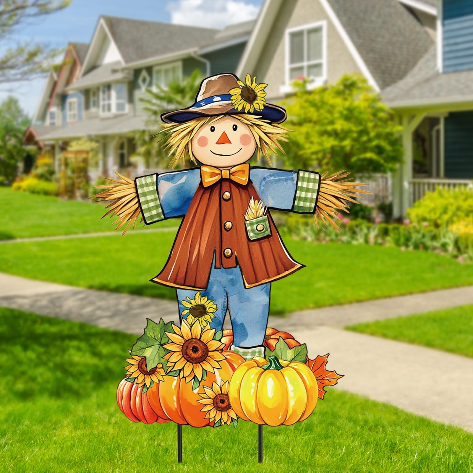 33 Inch Fall Scarecrow Metal Garden Stake Rustic Pumpkin Pile Lawn Yard Sign