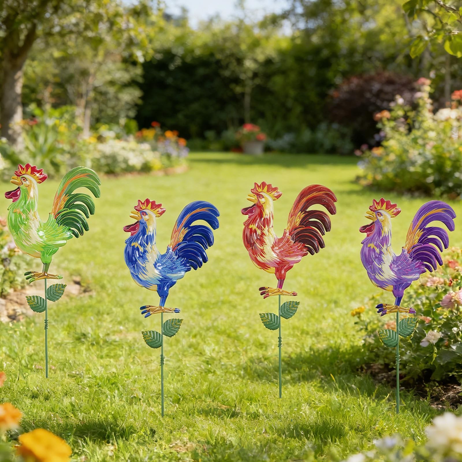 Outdoor Metal Garden Stakes 18 Inch Weatherproof Rooster Yard Art, 4 Pack