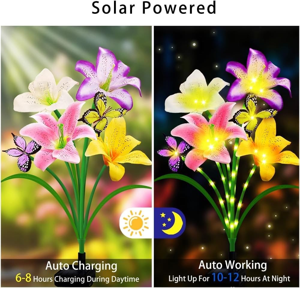 Outdoor Solar Lights 2 Pack Lily Flower and Butterfly Decor for Gardens