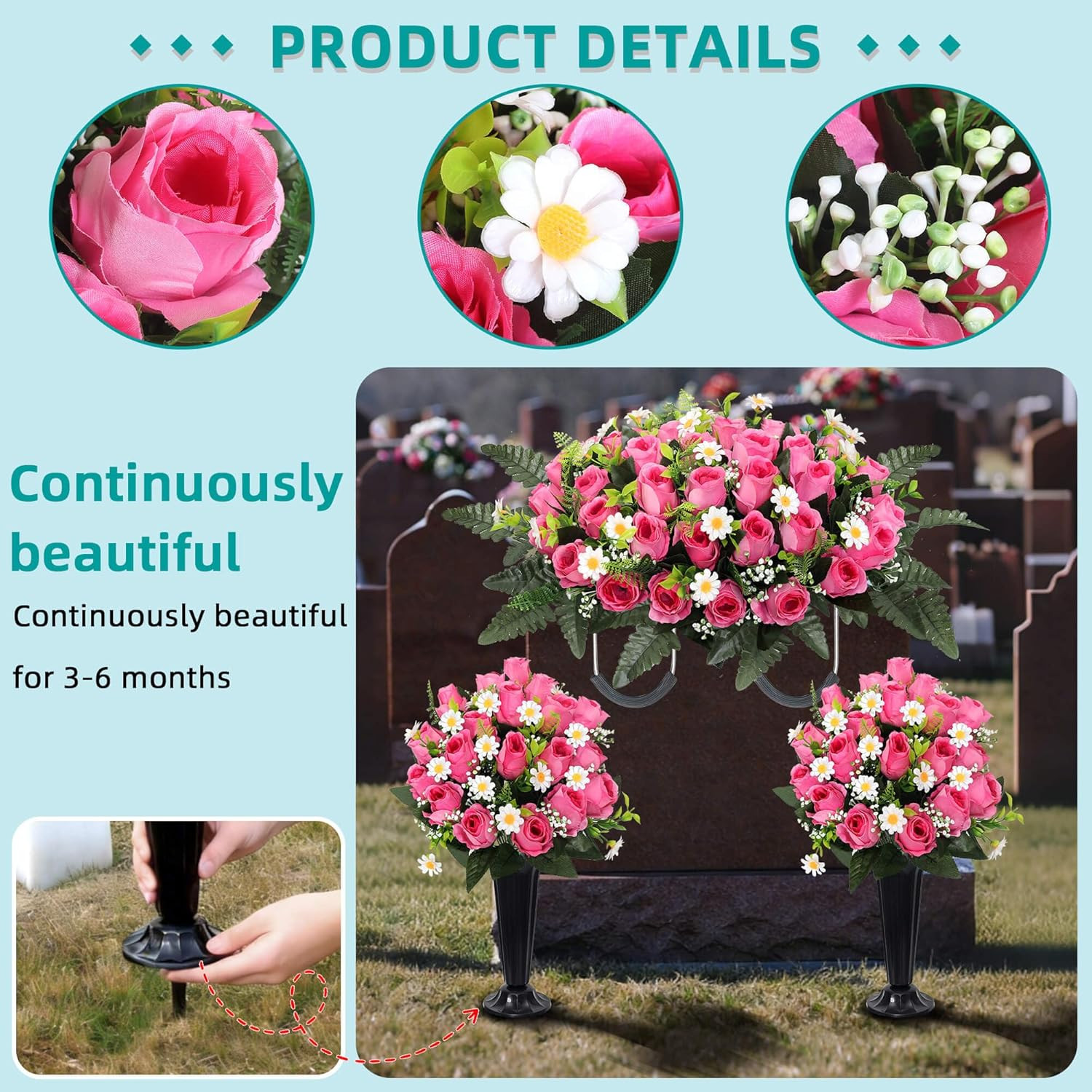 Elegant Pink Silk Flower Saddle with Vases – 3 Sets for Grave Decoration