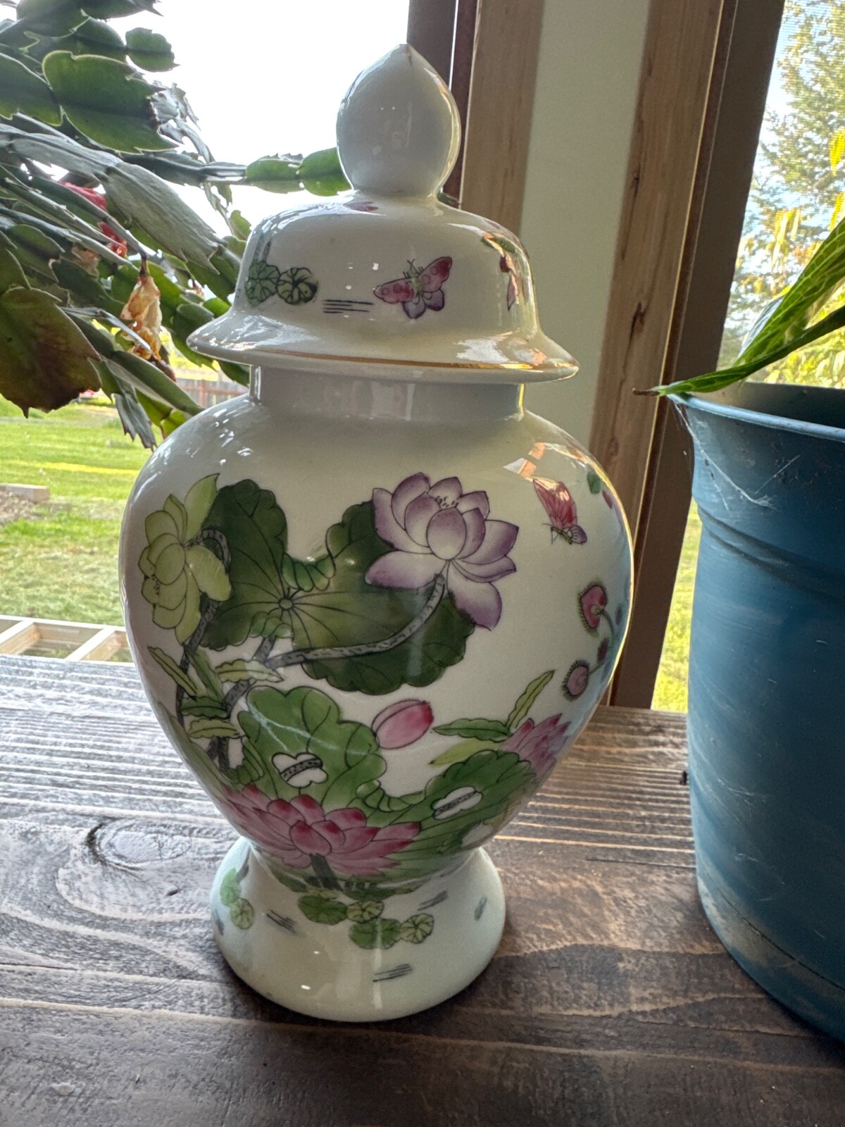 Asian inspired porcelain Urn hand painted