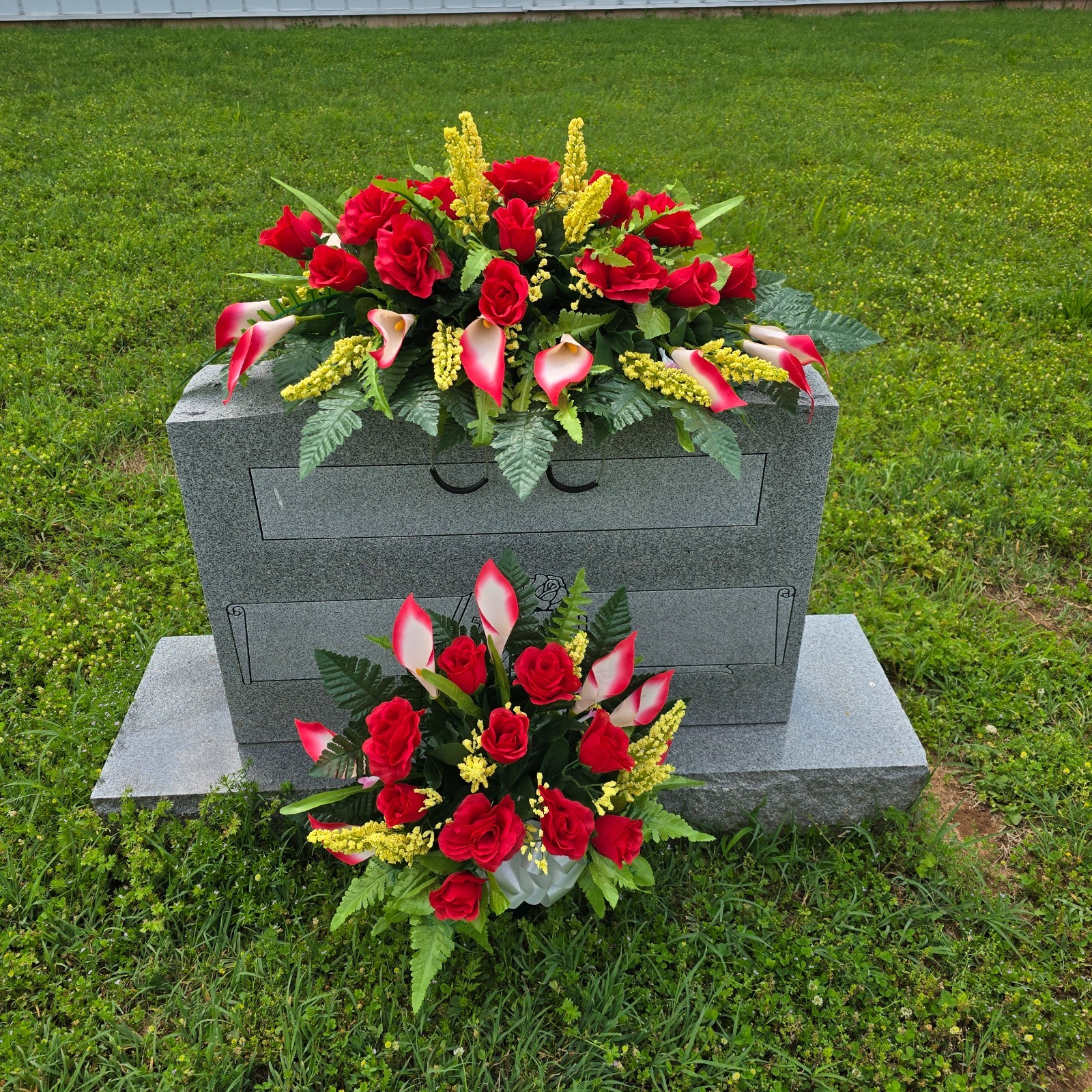 Red Calla Lily and Rose Headstone Saddle and Cemetery Cone