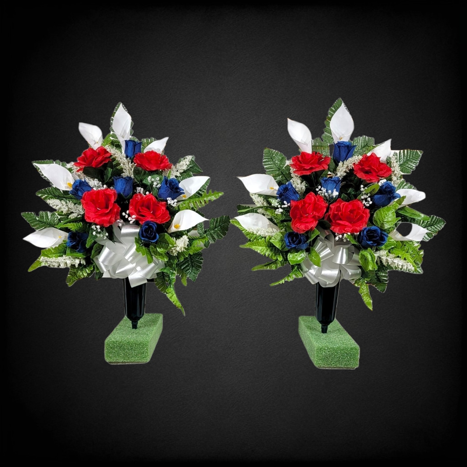Red, White, &Blue Calla Lily Rose Cemetery Cone Pair