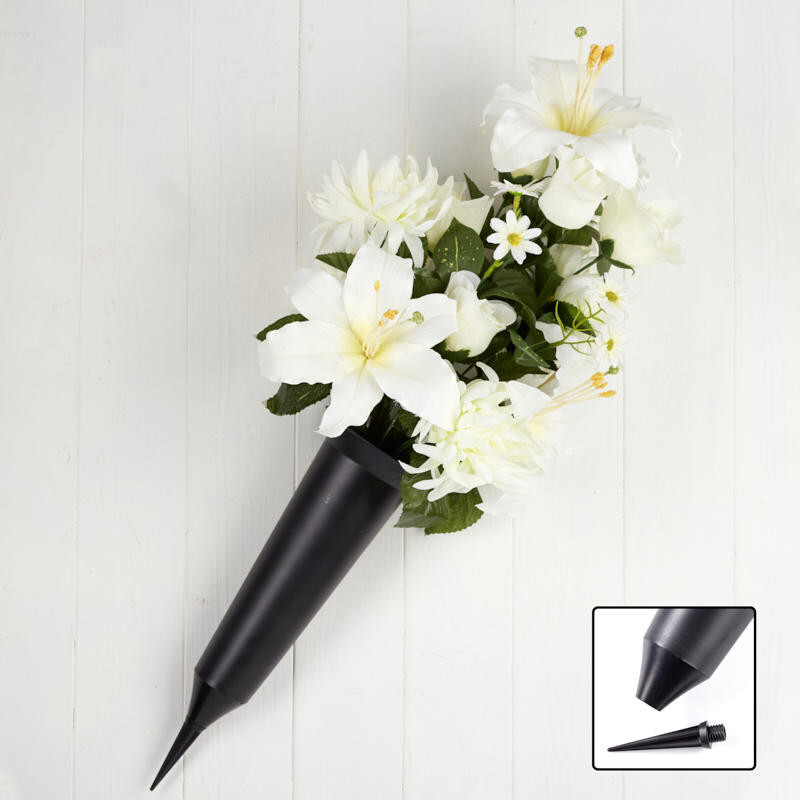 Cream Artificial Premade Memorial Cemetery Cone Bouquet