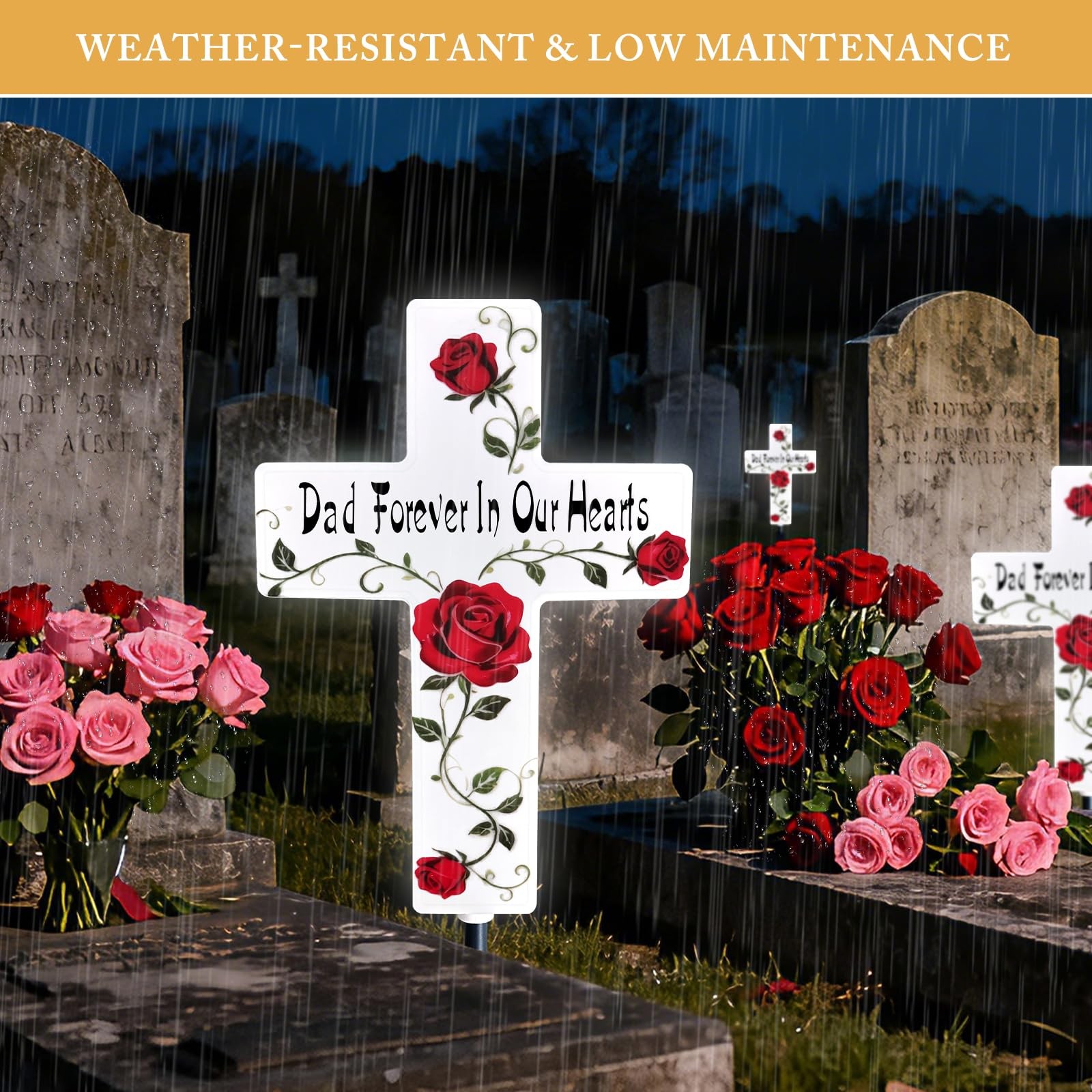 Solar Cross Light Rose Flower Grave Decorations for Memorial Garden Stake