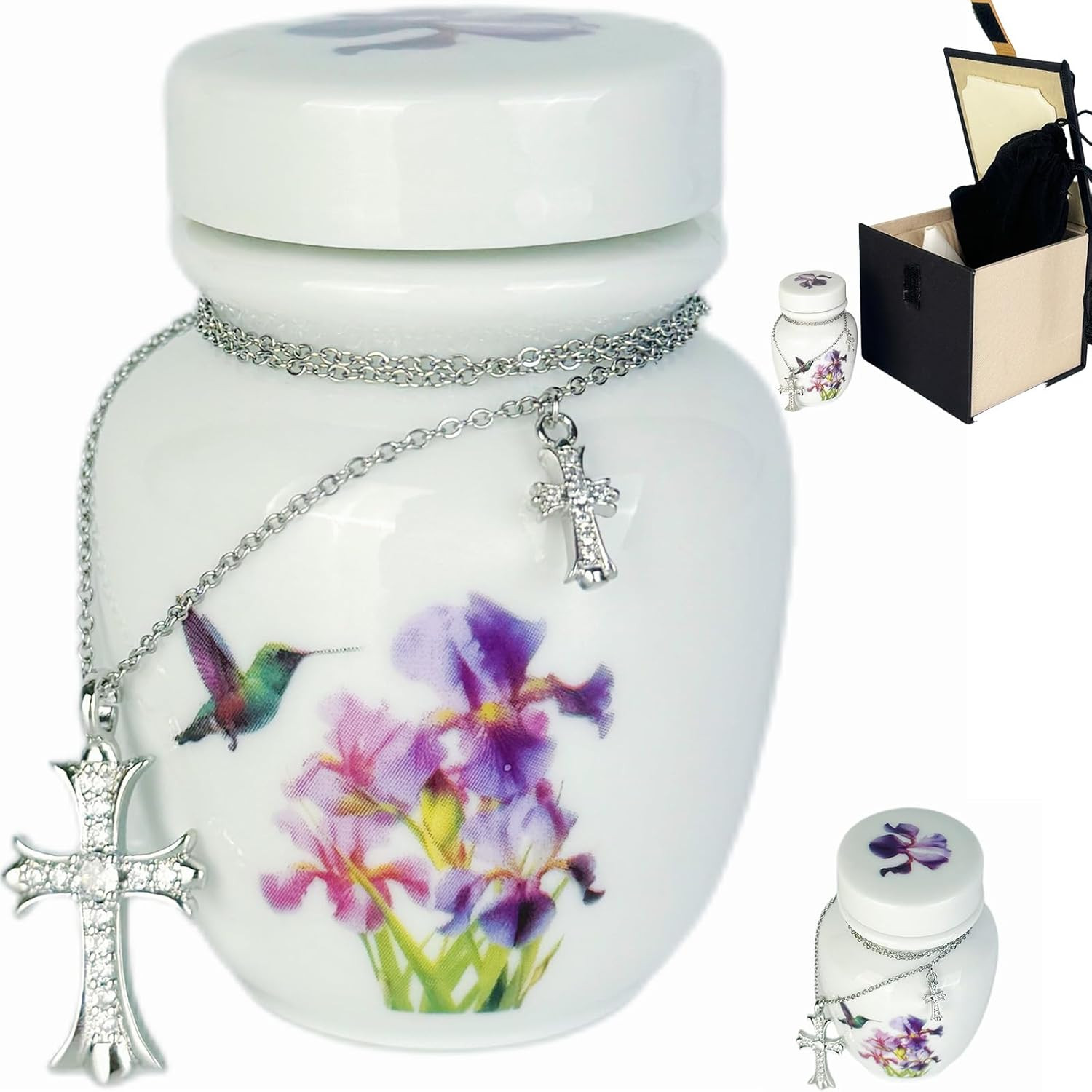 Mini Cremation Urn with Hummingbird and Iris Flower Design, White Ceramic Memori