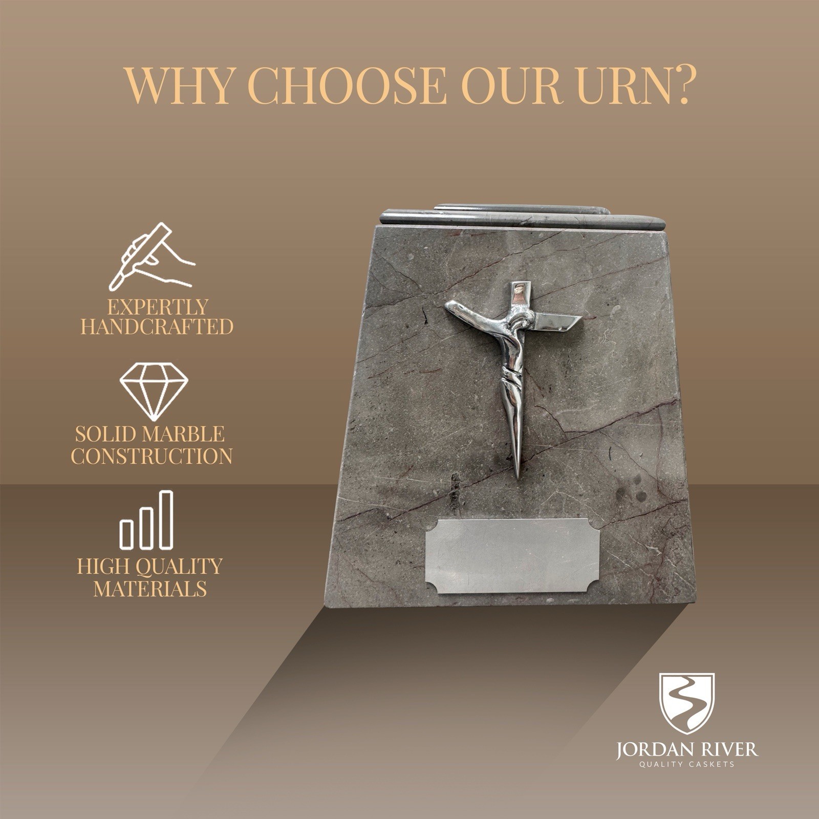 Marble Cremation Urn with Metal Cross — Elegant Design, Ash Urn