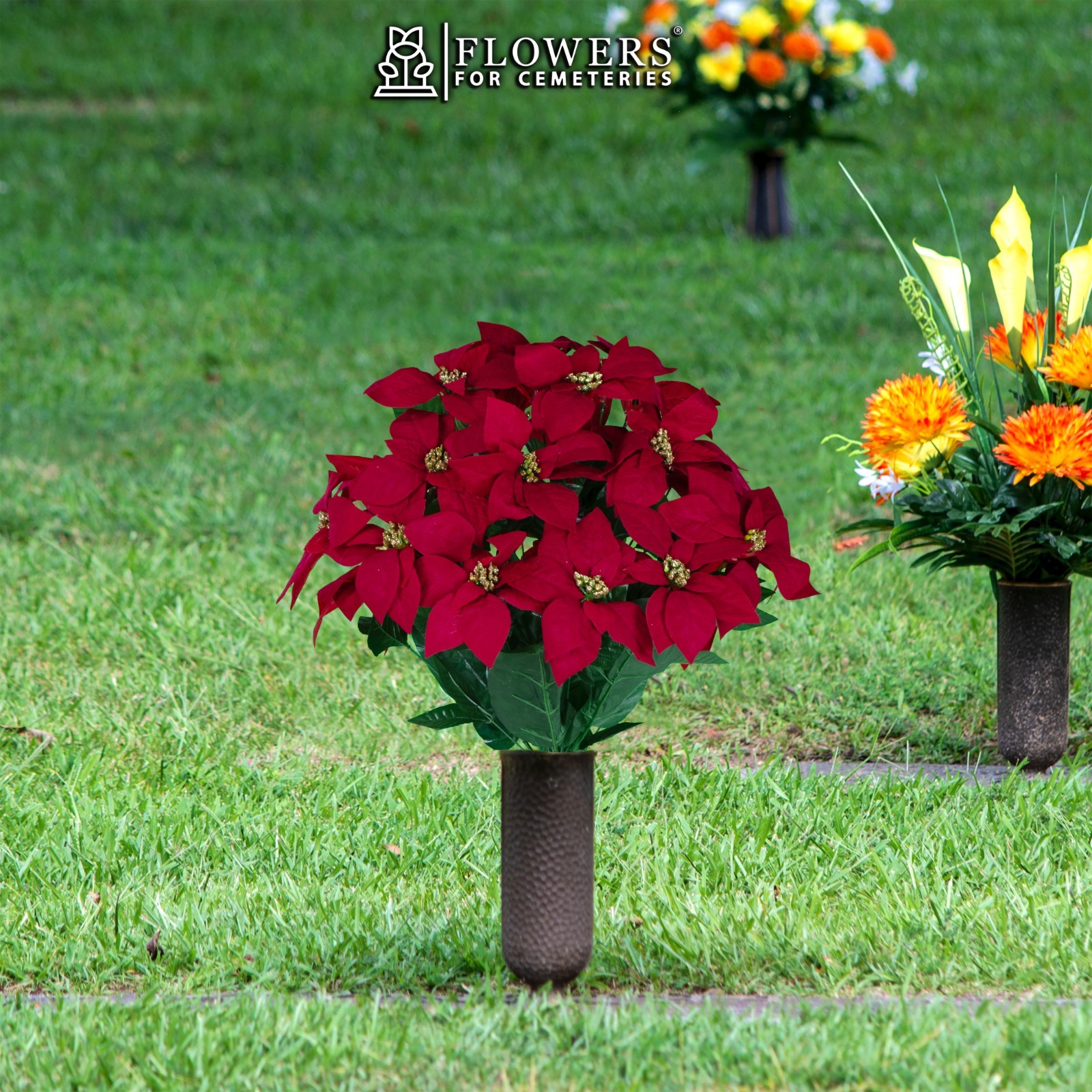 Artificial Cemetery Flowers – Red Poinsettias with Gold Glitter Bouquet