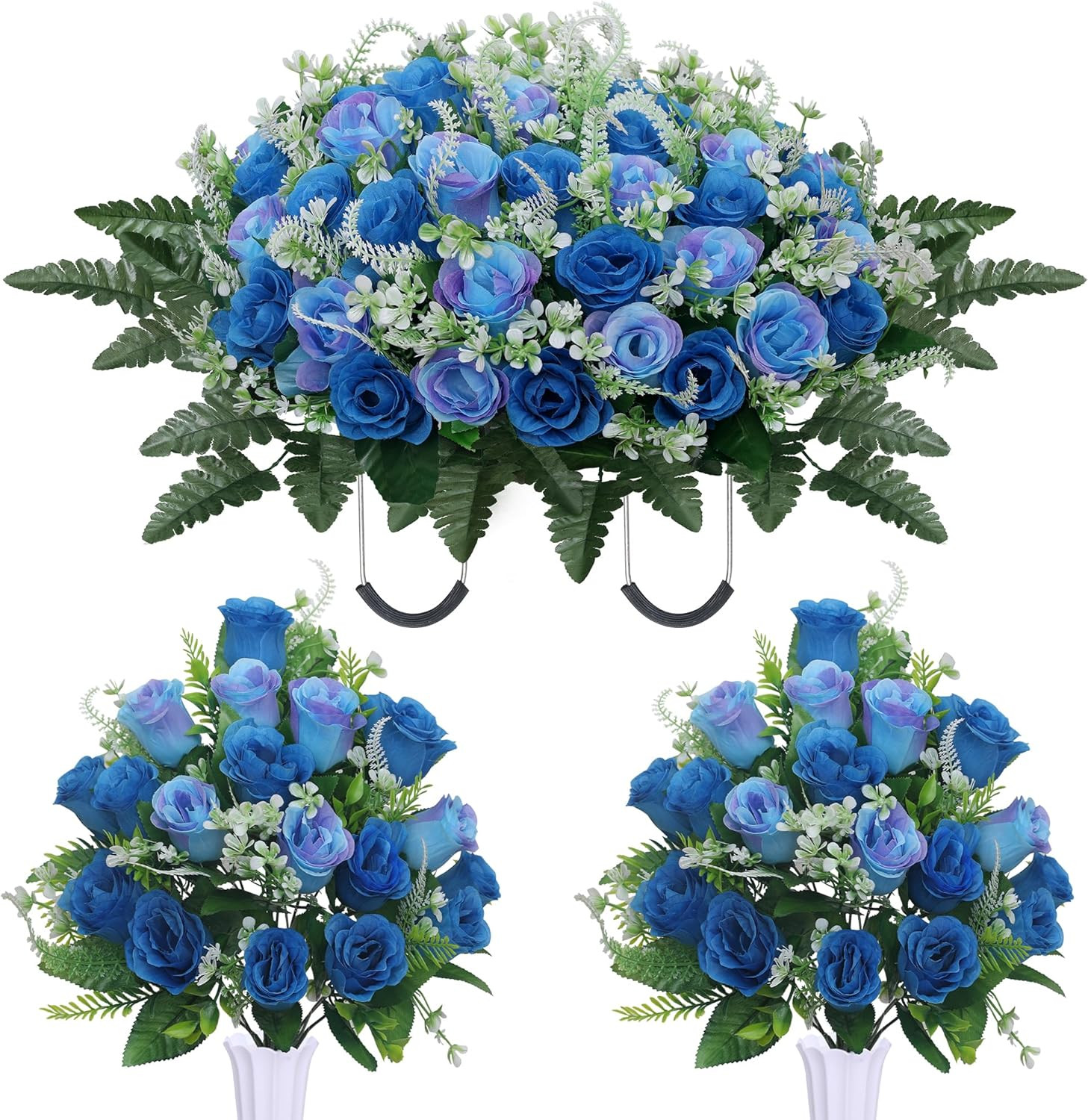 3Pcs Headstone Flowers Saddle for Tombstone,Cemetery Flower Memorial Bouquet wit
