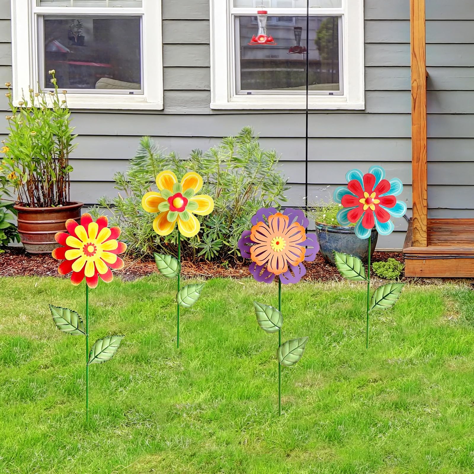 Metal Flowers for Outside,4 Pack 16.33″ Decorative Garden Stakes with Swaying…