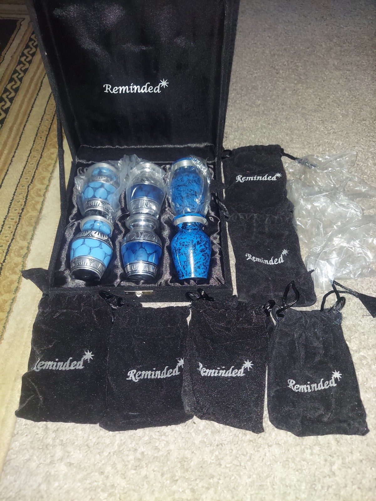 Reminded Small Cremation Urns for Human Ashes, Mini Keepsake Set of 6 Blue and S