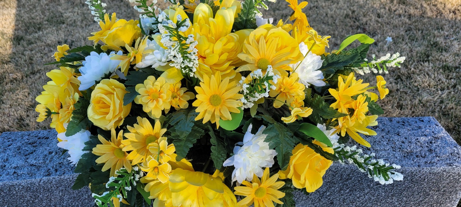Yellow and White Cemetery Saddle Vase Set, Carnations Headstone Saddle